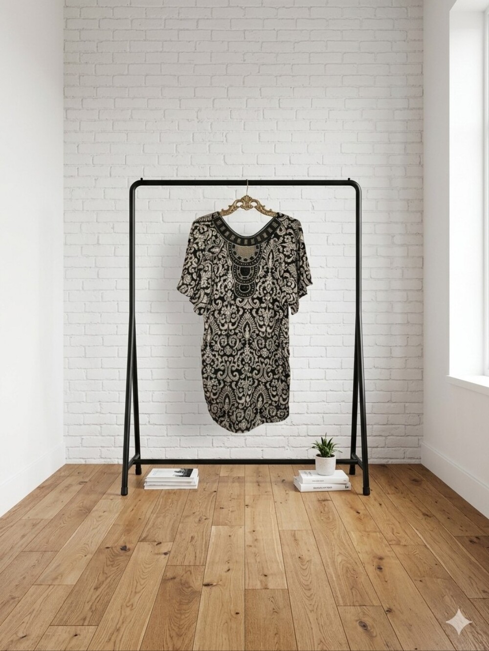dina be Black and Cream Embellished Paisley Shift Dress